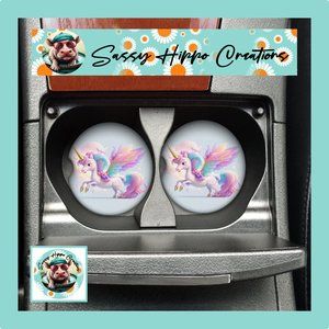 Car Coasters Colorful Unicorn Rainbow Flowers Fairytale Set of 2 Neoprene Absorb